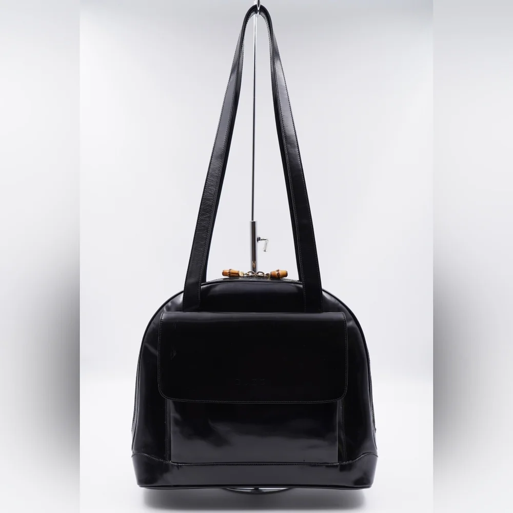 M27❤️Gucci Vintage Black Patent Bamboo Shoulder Bag